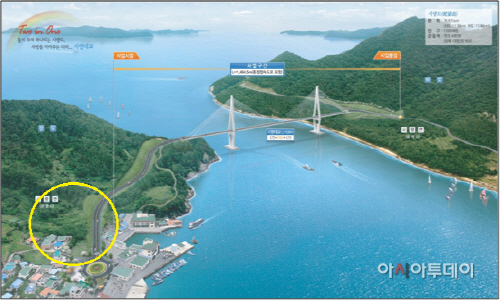 사량도 연도교 공사전경(사진 속 원이 분쟁장소)