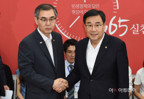 [포토] '대기업 소유구조 관련 당정' 손잡은 김정훈-정재찬