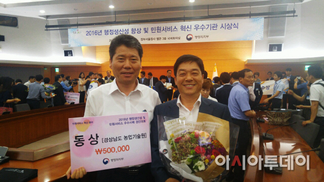 민원서비스혁신우수기관수상(좌 황연현 박사, 우 홍광표 과장)