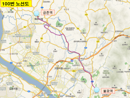 금촌~불광역을 운행하는 100번 심야버스 운행노선도/제공=파주