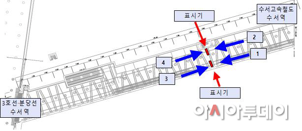 수서역 환성통로 열차운행정보 표시기 위치도