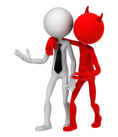 Devil whispering to Businessman. Unfair business metaphor