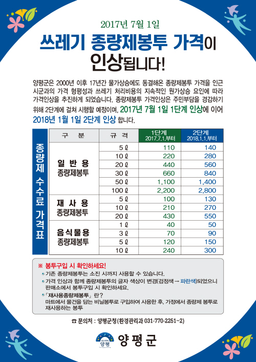 양평군이 오는 7월과 내년 1월 등 두차례에 걸쳐 인상한다고 밝
