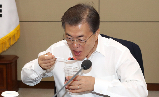 '수해 지역' 과일로 만든 화채 맛보는 문 대통령