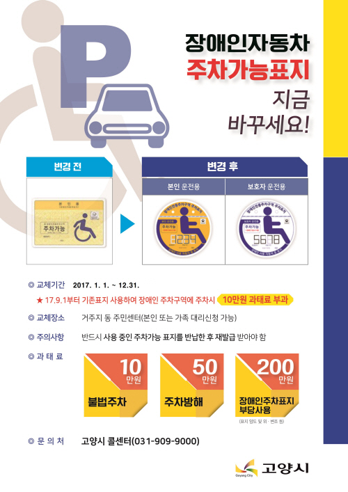 내년 1월 1일부터 변경되는 장애인주차가능표지 교체안내 전단