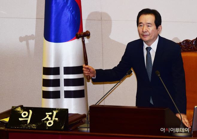 [포토] 의사봉 두드리는 정세균 의장 '대통령 탄핵소추안 가결'