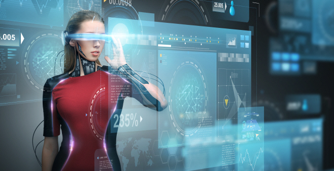 woman in virtual reality glasses and microchip