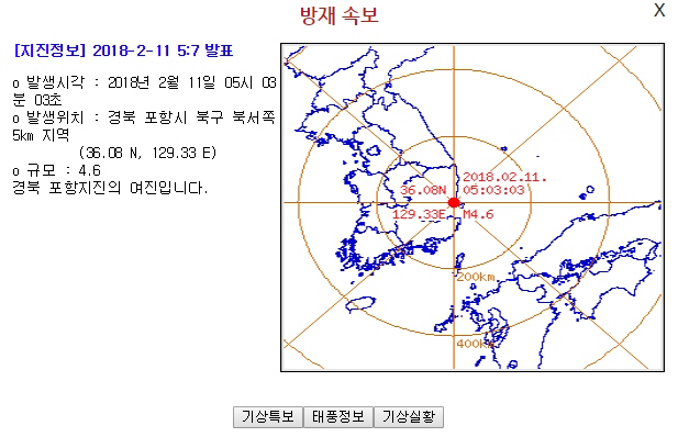 경북 포항서 규모 4.6 지진 발생
