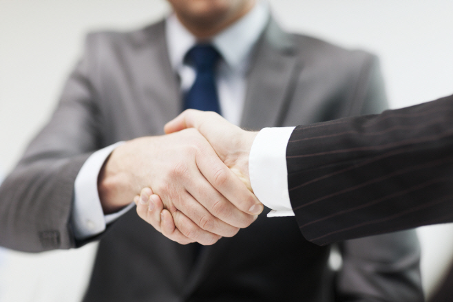 two businessmen shaking hands in office