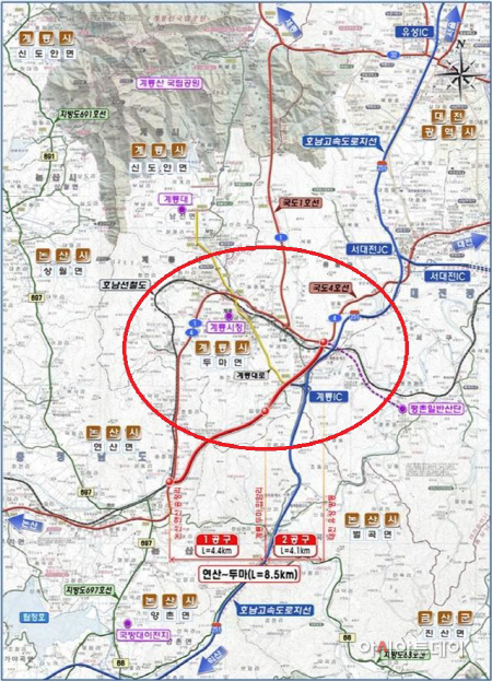 계룡시국도대체우회도로(연산~두마)건설공사 위치도