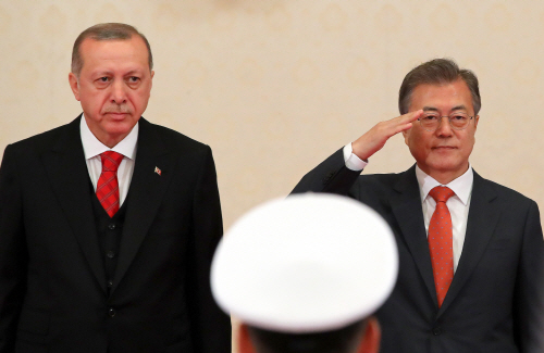국기에 대한 경례하는 한-터키 정상