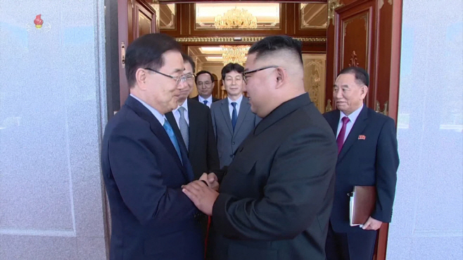 문 대통령의 대북 특사단 배웅하는 김정은
