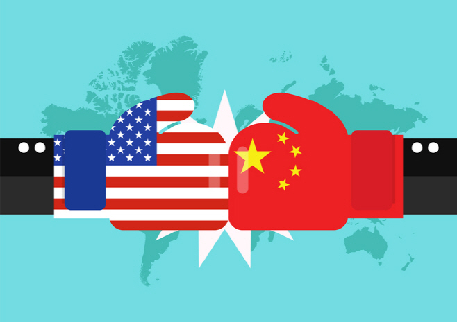 Conflict between USA and China with world map background
