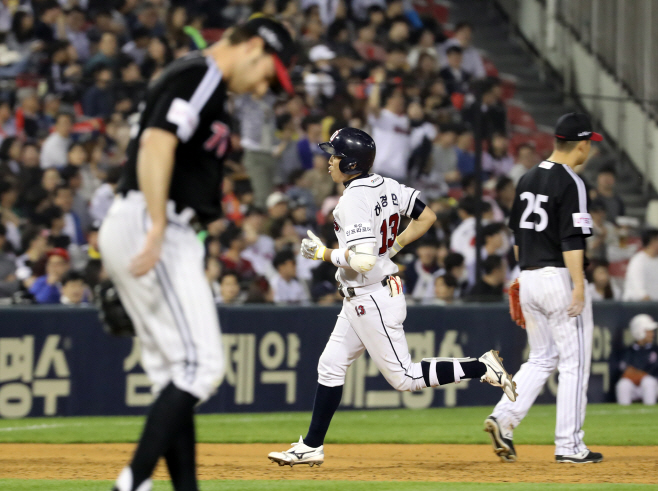 3점 홈런 날리고 환호하는 허경민<YONHAP NO-3573>