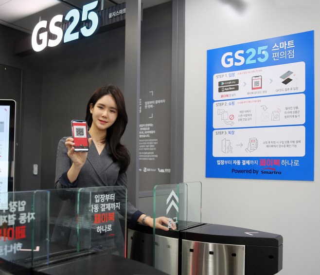 미래형 GS25 이용객이 QR코드 인증을 통해 입장하고 있다.