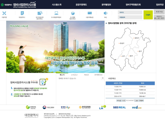 대전시 정비사업관리시스템 메인화면