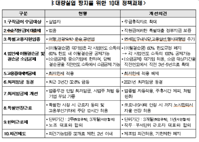 대량실업 방지를 위한 10대 정책과제