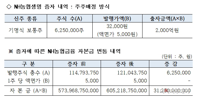 NH농협생명 유상증자 내역(표)