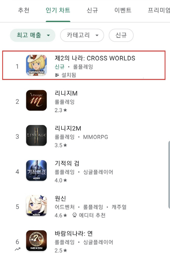 제2의나라 구글 차트 최고매출 이미지