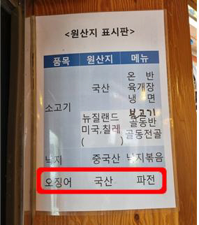 적발된 식당  원산지 표지판