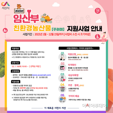 서산시, 임산부 친환경농산물 꾸러미 지원...최대 48만 원 상당