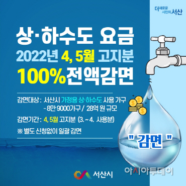 서산시, 4~5월 가정용 상하수도 요금 고지분 100% 감면