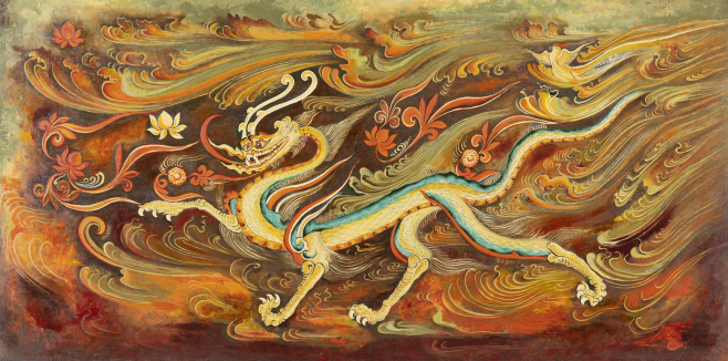 윤영희, 진파리 사신도_청룡, 120x160cm, 목판 옻칠,2019