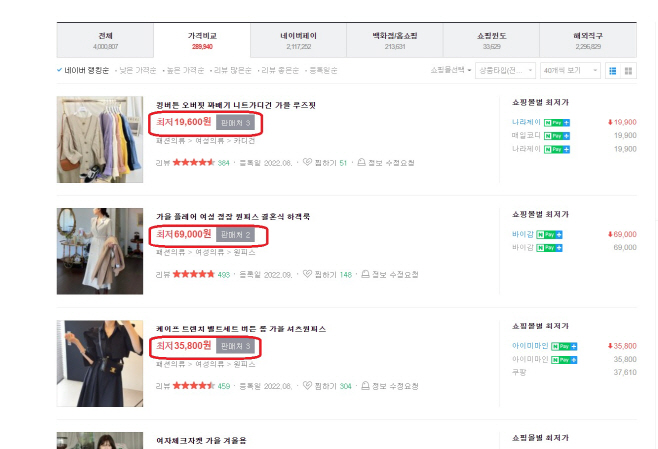 네이버 최저가 상품 노출