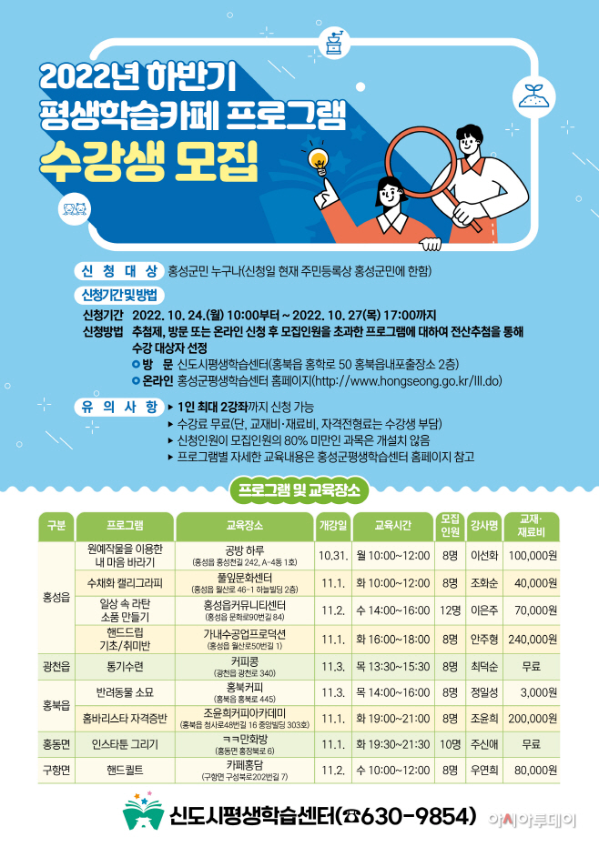 19일 (홍성군, 하반기 평생학습카페 수강생 모집)