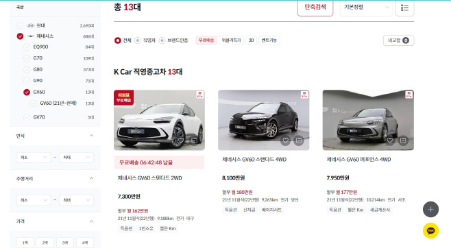 K카 제네시스 GV60 중고 매매 가격