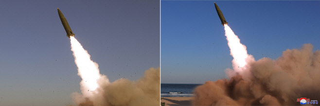 지난 4월 사진과 같은 북한 '군사 작전' 미사일 사진