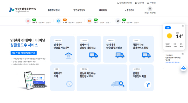 (사진1) 인천항 컨테이너터미널 싱글윈도우 메인 화면