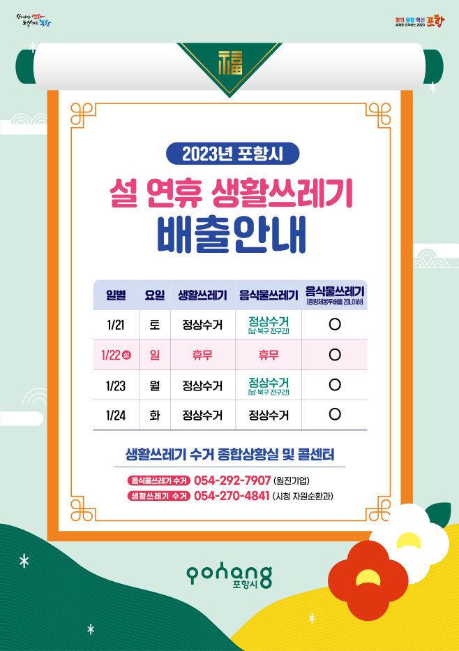 설 연휴 생활 쓰레기 배출 안내 홍보자료/제공=포항시