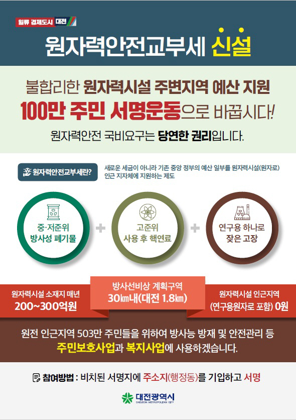 대전시 원자력안전교부세 100만 주민 서명운동 본격화