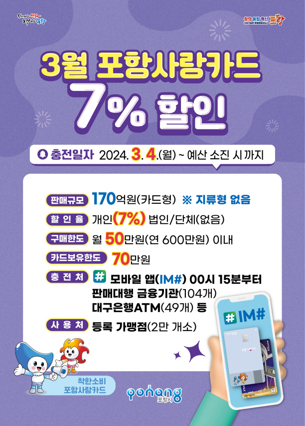 오는 '3월 판매하는 포항사랑카드 7% 할인' 홍보물./포항시