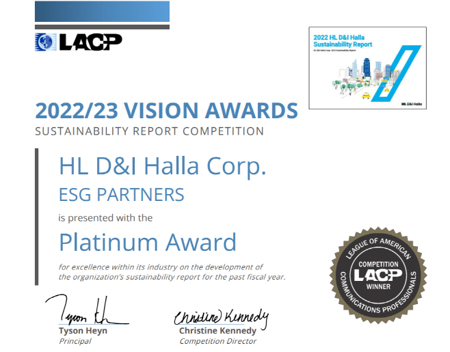 HL디앤아이한라 지속가능경영보고서의 LACP 수상 인증서