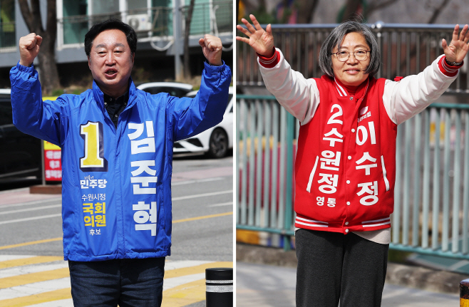 시민들과 인사하는 총선 수원정 후보들<YONHAP NO-2274>
