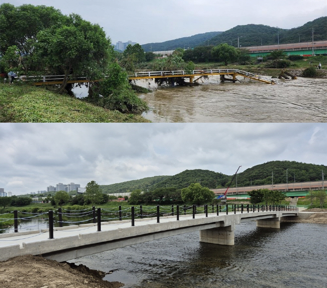 파손된 세월교 모습(위)과 재설치한 세월교(아래)