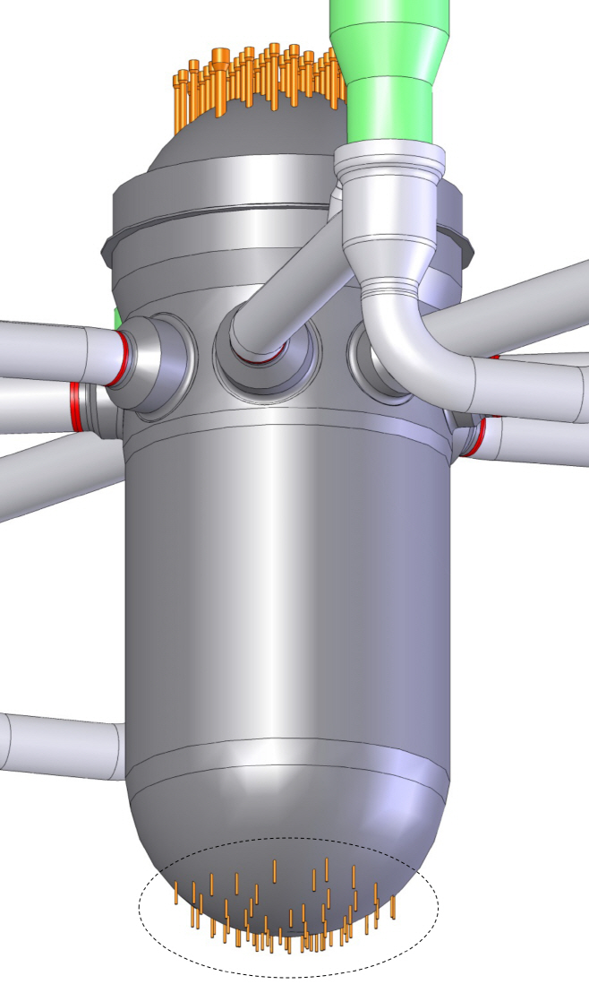 그림 1. 원자로 압력용기 하부헤드 관통관 형상 및 위치(렌더링