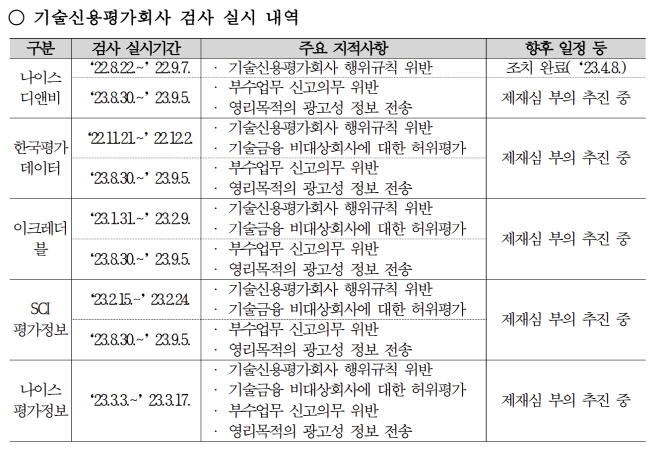 기술평가회사 검사 결과 주요 지적사항