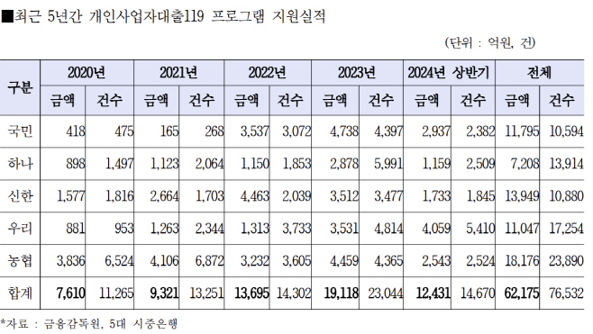 최근 5년간 개인사업자대출119 프로그램 지원실적