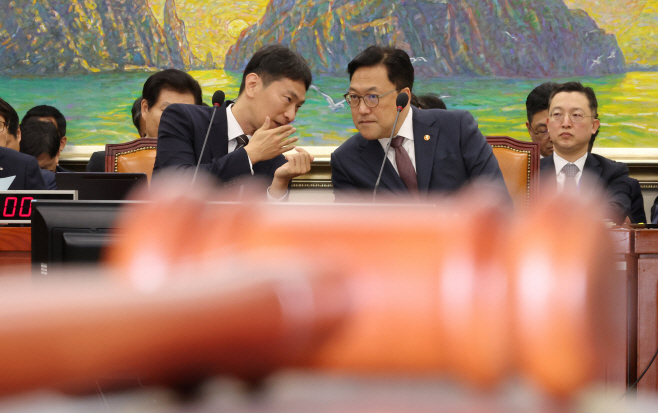 국정감사 출석해 대화하는 김병환 금융위원장과 이복현 금감원장