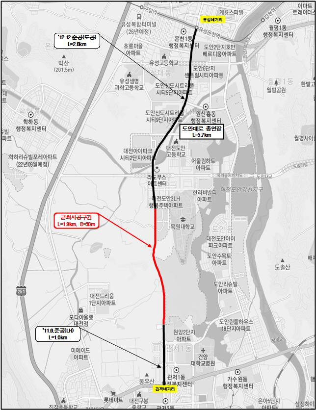 로 양방향 전 구간 개통_도안대로 노선도
