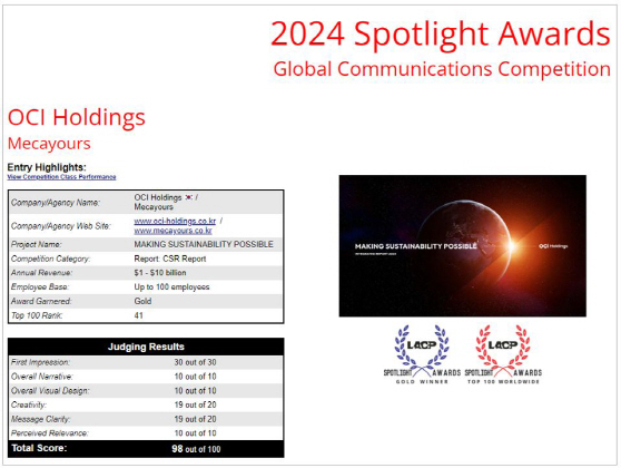 [사진] OCI홀딩스, 2024 LACP 스포트라이트 어워즈 금상 수상