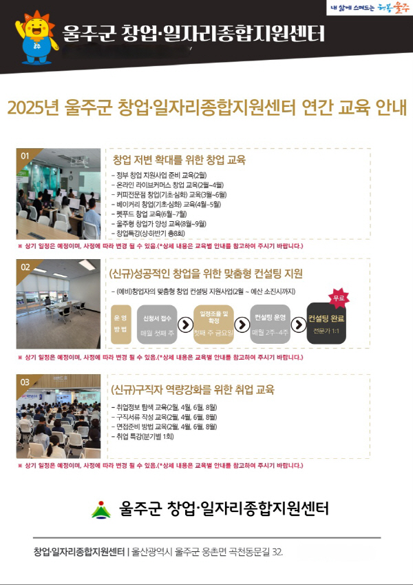 울주군, 제1회 창업·취업 3개 분야 12개 과정 역량강화교육 운영