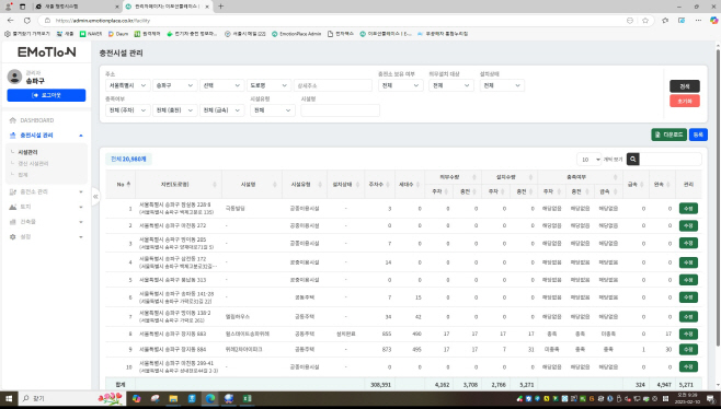 전기차 충전시설 통환관리 플랫폼_시설관리 화면