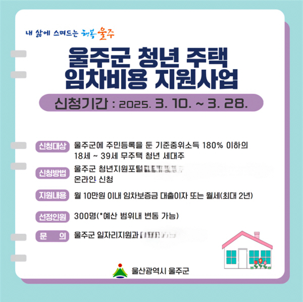 울주군, 18~39세의 무주택 청년 세대주 대상 청년 주택 임차비용 지원사업 실시