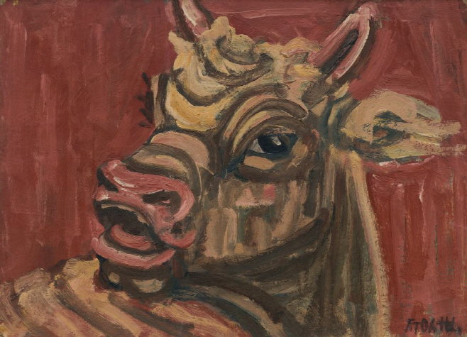 이중섭(1916-1956), 〈황소〉, 1950년대, 종이에 유화 물감, 26.5×36.7cm, 국립현대미술관 이건희컬렉션._