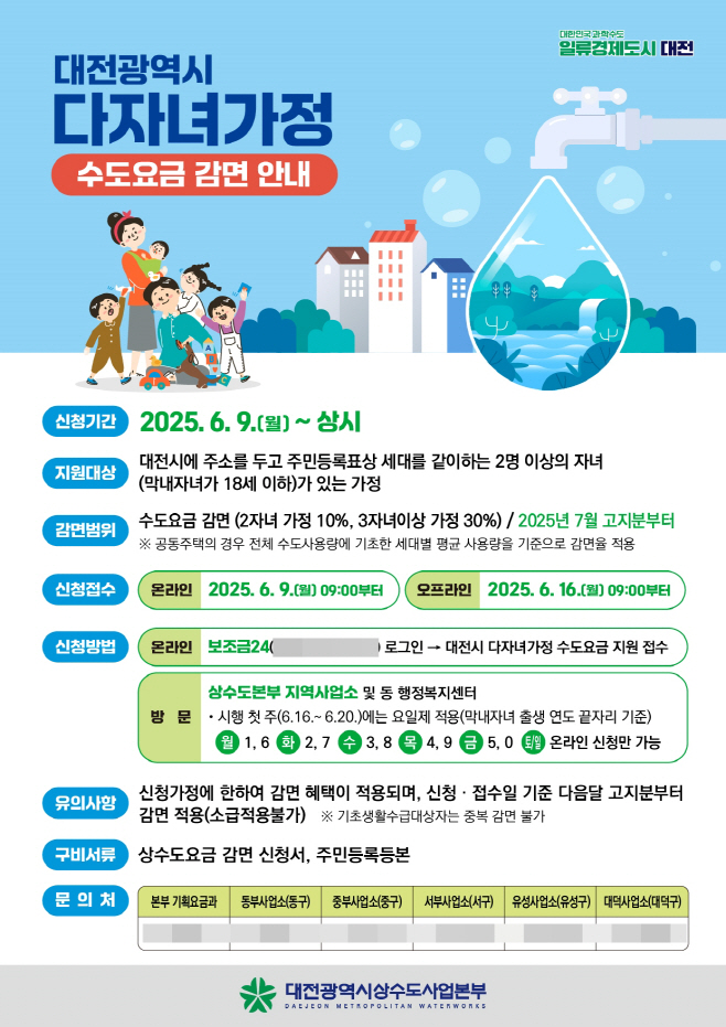 1. 대전시, 7월부터 다자녀가정에 수도요금 감면 혜택