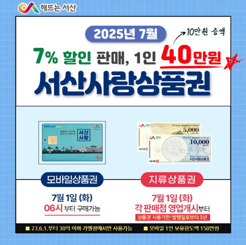 서산사랑상품권, 7월부터 1인당 구매 한도액 상향...최대 40만